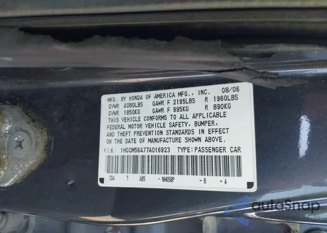 2007 Honda Accord 2.4 Lx из США, поврежденный, VIN 1HGCM56477A016923